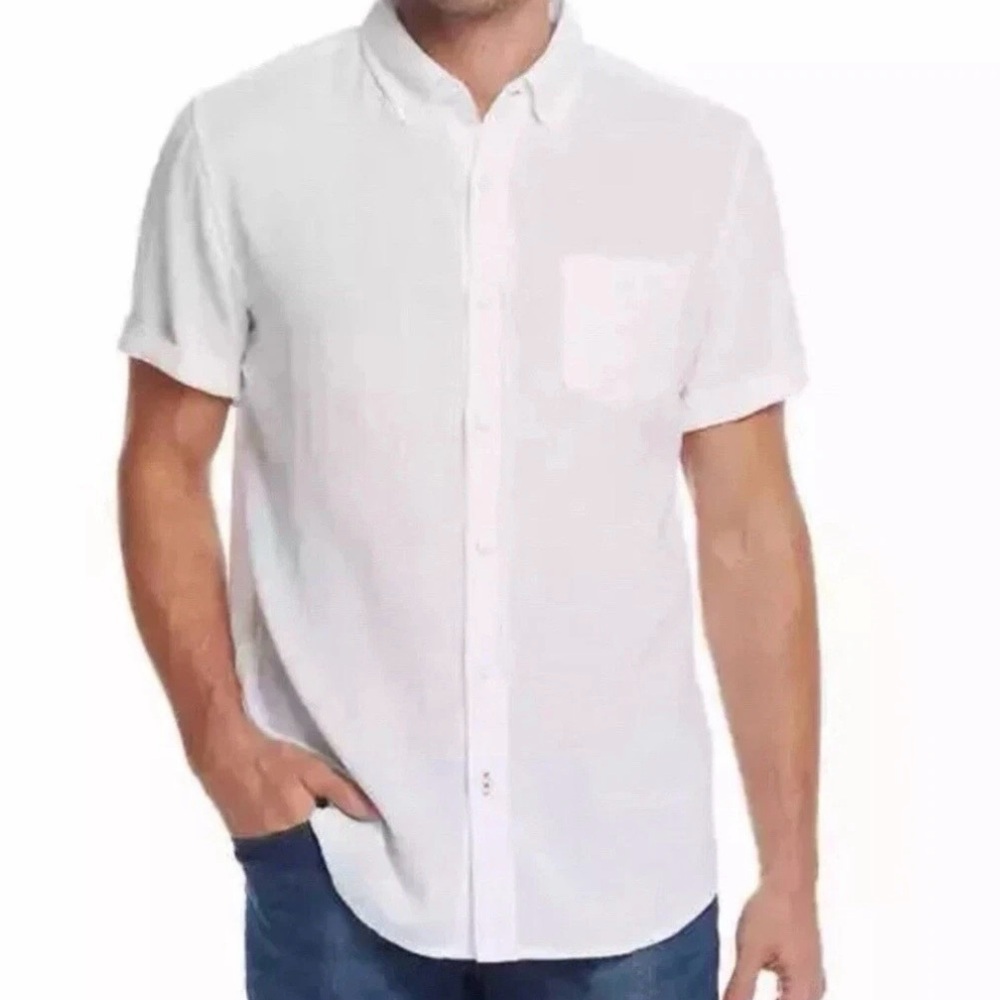 Weatherproof Vintage Men XXL/EEG Short Sleeve Washable Linen‎ Woven White Shirt
